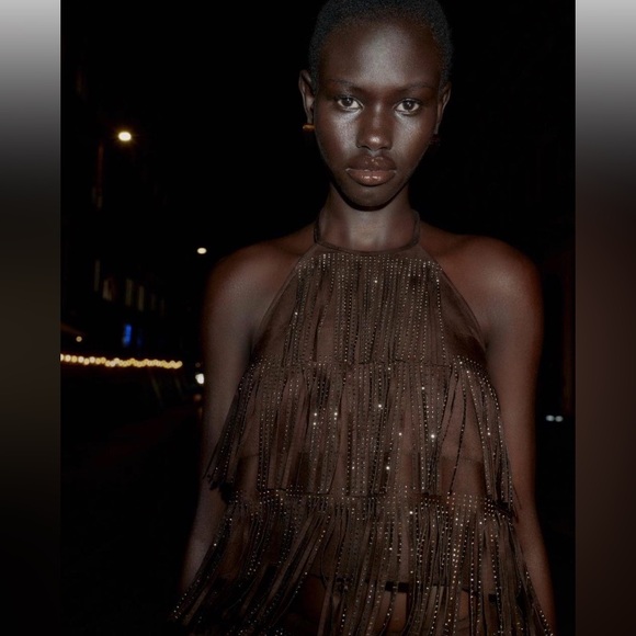 ZARA Dark Brown shimmer faux suede fringe top size large - Picture 2 of 9